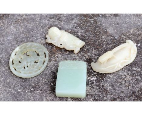 A Chinese jade carving in the form of a longhorn beetle on a peapod, 6cms long; together with a jade hardstone pendant, a sim