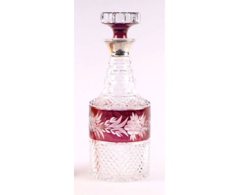 A silver mounted flashed ruby glass decanter, Birmingham 1977, 29cms high.Condition ReportThe stopper has a very tiny chip to