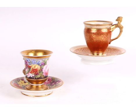 A Spode cabinet cup and saucer decorated with flowers (lacking handle); together with an unmarked but possibly Spode cabinet 