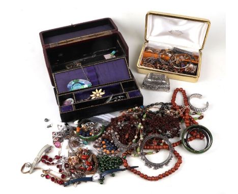 A quantity of costume jewellery to include silver ingot pendant and silver bangle