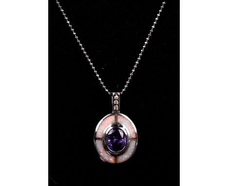 An opal and amethyst silver pendant drop necklace.