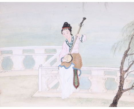 A Chinese scroll painting depicting a robed woman playing an instrument on a terrace with five character signature, 38 by 75c