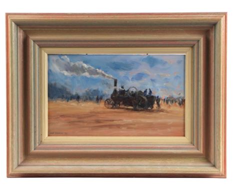 John Osborne (modern British) - Steam Plowing Engine - signed &amp; dated '99 lower left, oil on board, framed, 25 by 15cms.