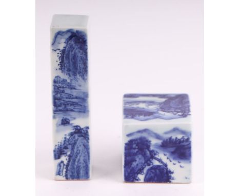 A Chinese blue &amp; white desk seal decorated with a river landscape and calligraphy, 5cms high; together with another simil