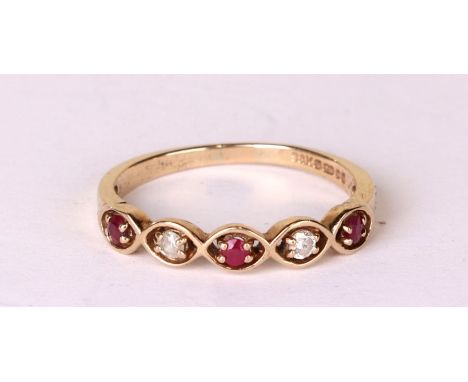 A 9ct gold diamond and ruby ring, approx UK size '', 2g.