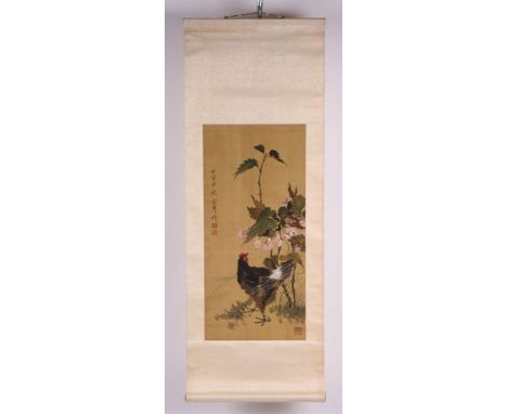 A Chinese scroll painting depicting a chicken standing under flowering foliage and calligraphy, 28 by 58cms.