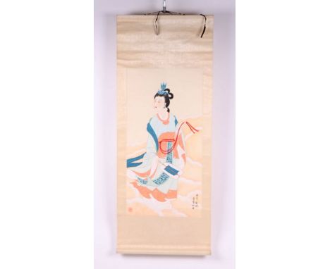 A Chinese scroll painting depicting a robed lady and calligraphy, 40 by 78cms.