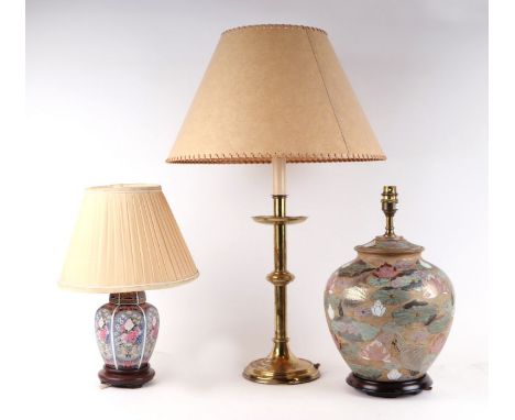 A Rochamp Satsuma style table lamp, 29cms high; together with a Georgian candlestick style brass table lamp, 42cms high; and 