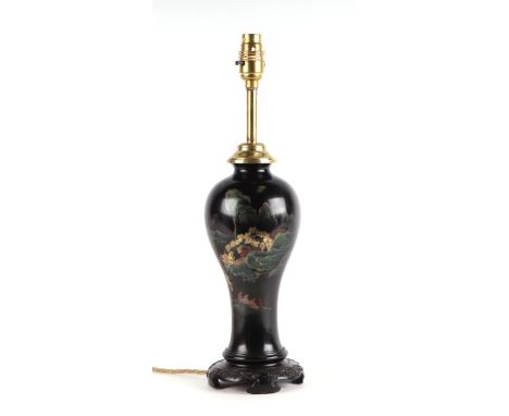 A Chinese Foo Chow lacquer table lamp decorated with fisherman within a landscape, 42cms high including fitment.