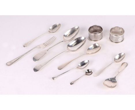 A pair of early 20th century silver napkin rings with engine turned decoration, Birmingham 1920; together with a selection of