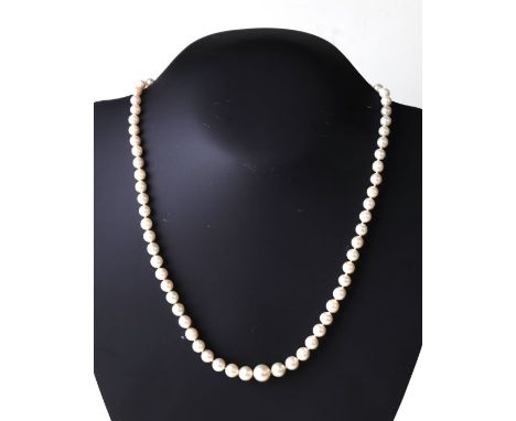 A graduated pearl necklace with silver clasp; together with another similar.