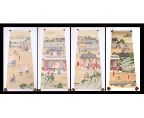 A group of Chinese scroll type paintings depicting figures in a garden, each 63 by 173cms.