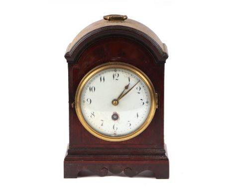 A 19th century mantle clock, the 10cms diameter white enamel dial with Arabic numerals and fitted with a 30-hour French drum 
