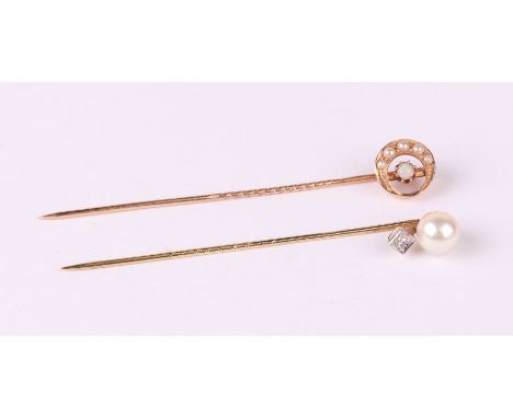 A late Victorian / Edwardian 9ct gold pearl and diamond stickpin; together with a similar seed pearl and opal stickpin, 2.2g 