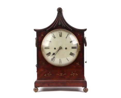 An early 19th century bracket clock, the 21cms white enamel dial with Roman numerals fitted with an 8-day movement striking o