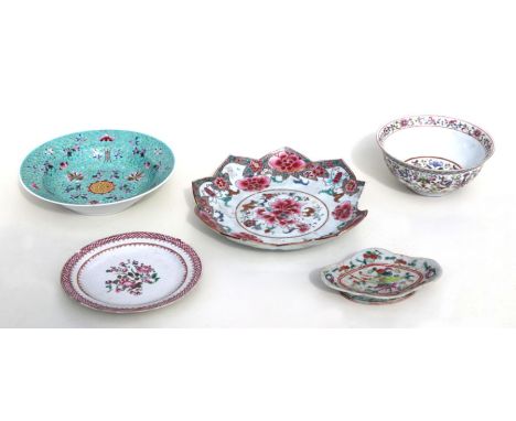 A Chinese famille rose lotus flower shaped dish, 23cms diameter (af); together with a Chinese famille rose footed bowl decora