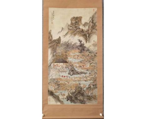 A Chinese landscape scroll painting attributed to Huang Shanshou (1855-1919) in Tang Yin’s (1470-1524) style, a Chinese ink a