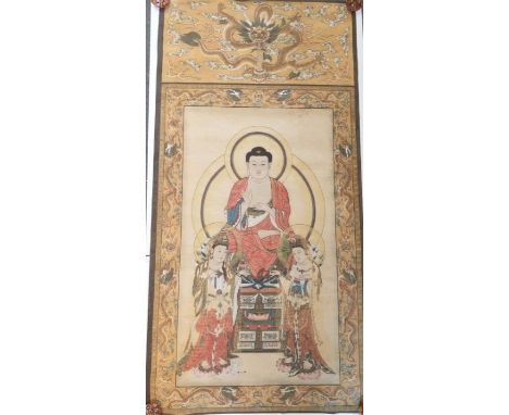 A Sino Tibetan Chinese scroll painting depicting the Three saints of the west, in the middle is Shakyamuni, sitting on a lotu