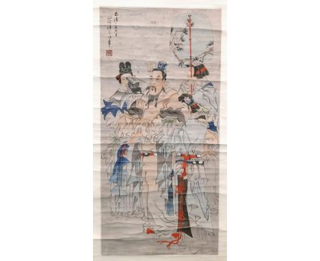 A Chinese ink and watercolour on paper scroll attributed to Ren Bonian (also known as Ren Yi – 1840-1896) depicting maids ser