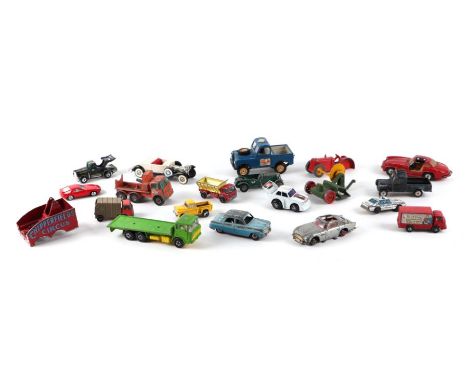 A large selection of diecast cars and commercial vehicles to include a Corgi Aston Martin DB5, Chipperfield Circus Land Rover