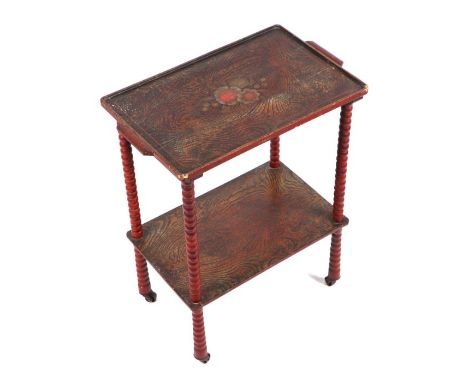 A Japanese lacquer two-tier trolley with bobbin turned supports, 49cms wide.