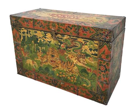 A Tibetan polychromed metal bound trunk decorated with stylised animals, 90cms wide.