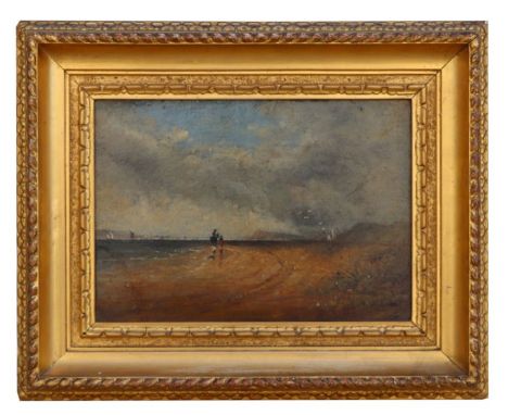 19th century English school - A Seascape with Figures Standing on the Beach - oil on canvas, framed, 24 by 16cms.