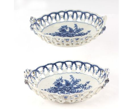 A pair of Worcester First Period blue &amp; white pierced two-handled dishes decorated with flowers, blue crest mark to the u