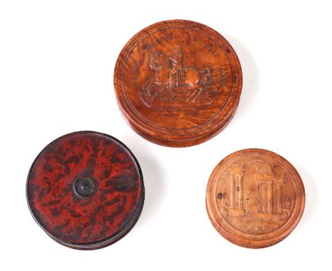 An early 19th century French pressed burr wood snuff box of compressed circular form, the lid depicting Henry IV, 9.5cms diam
