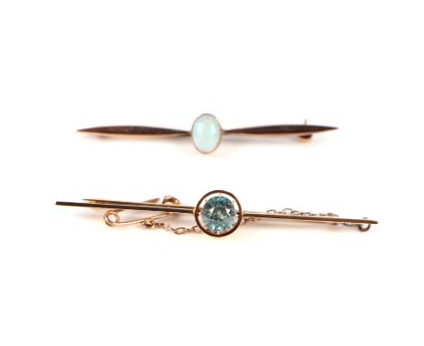 An Edwardian 9ct gold and blue stone bar brooch; together with another similar opal example, 8g (2).