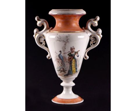 A KPM porcelain twin scroll handled vase decorated with a classical lady playing a lute and serenading a peacock, 34cms high.