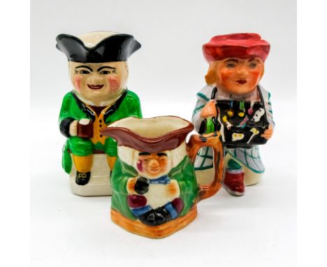 Grouping of ceramic Toby Jugs made in England and Japan. Sizes from 2.75"H to 5"H.Issued: 20th c.Condition: Age related wear.
