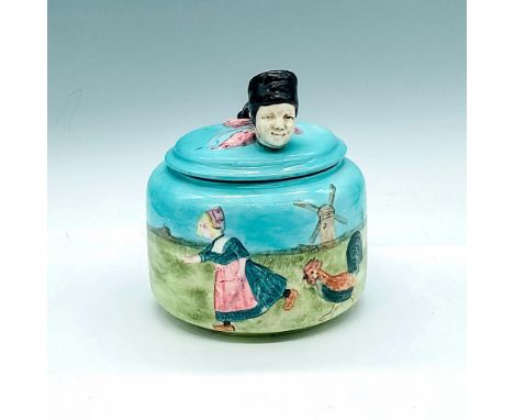 Hand painted jar with scene of windmill, Dutch girl, rooster and chickens. Colored in light blue, green and black. Unique cov