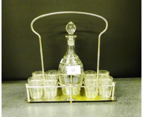 An etched glass miniature decanter and set of six shot glasses complete with an Epns stand