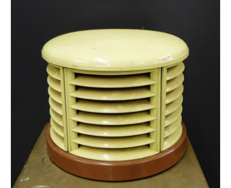 A vintage cream painted metal fan of demi lune shape, 28 x 33cm