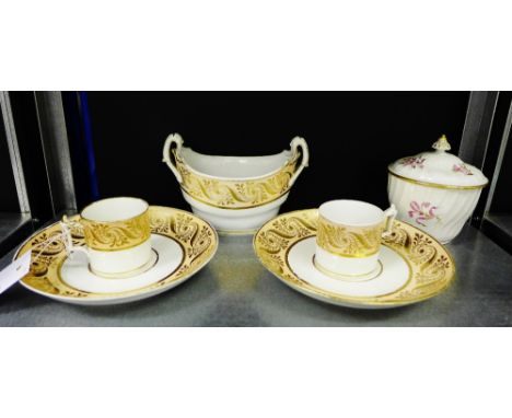 Flight Barr & Barr Worcester tea wares to include two coffee cans, two saucers and a twin handled dish all with gilded swags 