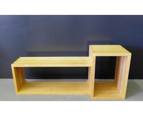 A Conran Shop light oak wall hanging display shelf unit comprising two rectangular compartments, 120 x 50cm