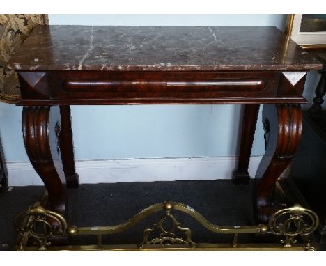 A 19th Century Mahogany Console Table with polished rouge marble top above moulded frieze and scrolling supports, width 107cm