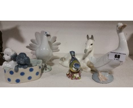 A Nao Figural Group of Two Puppies in a Spotted Basket, together with a Royal Worcester blue tit, a Nao goose and two further