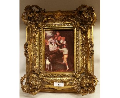A 19th Century Style Coloured Print of Three Children & a Terrier Dog, in an ornate gilt frame.