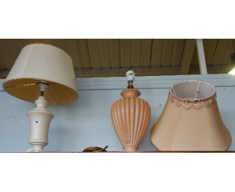 A Modern Peach Coloured Reeded Table Lamp, with shade, with A Modern Cream Table Lamp and Shade.