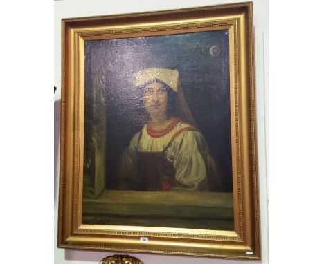 A Large Portrait Oil on Canvas by Julia Kelly, depicting a Continental lady with white head scarf, standing before a window w