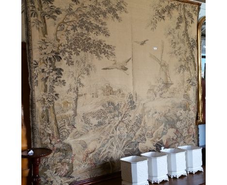 A Late 19th Early 20th Century Tapestry of Large Proportions; depicting a windmill with storks in the foreground. 196 x 196 c
