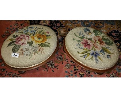 A Really Good Pair of 19th Century Oval Foot Stools with Original Tapestry Upholstery.