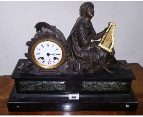A Good Late 19th Century Slate and Marble Figural Mantel Clock.