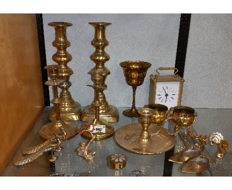 Two Pairs of Brass Candlesticks, together with a chamber candlestick, pr. cauldrons, pr. birds, a modern carriage clock and t
