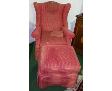 A Well Upholstered Wingback Armchair & Matching Pouffe (2).