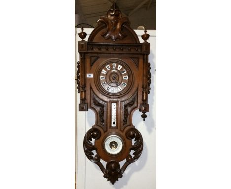 A Very Good Large Carved Continental Wall Clock and Barometer Compendium, Jourdan Brest to dial, with inset enamel numerals.