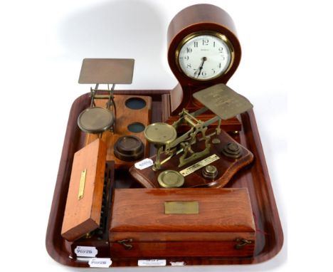Two sets of postal scales; a cased set of weights; a hydrometer; and an Edwardian mantel clock