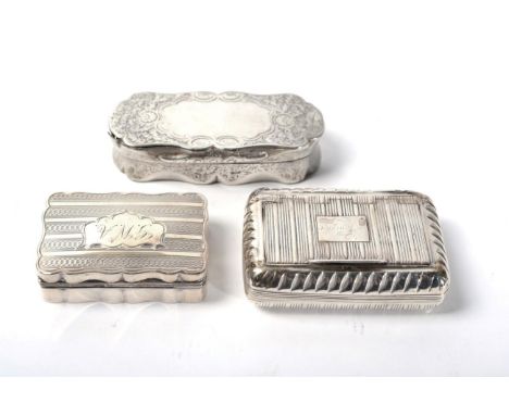 A George III silver snuff box, makers mark W?, Birmingham 1816, with reeded decoration; a late Victorian example, Colen Hewer